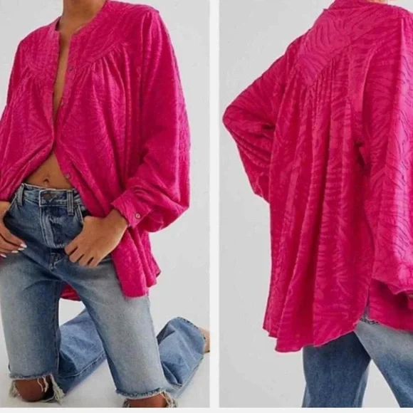 Free People Can't Stop Dreaming Oversized Sz XS Vibrant Pink Textured Blouse - Picture 3 of 11